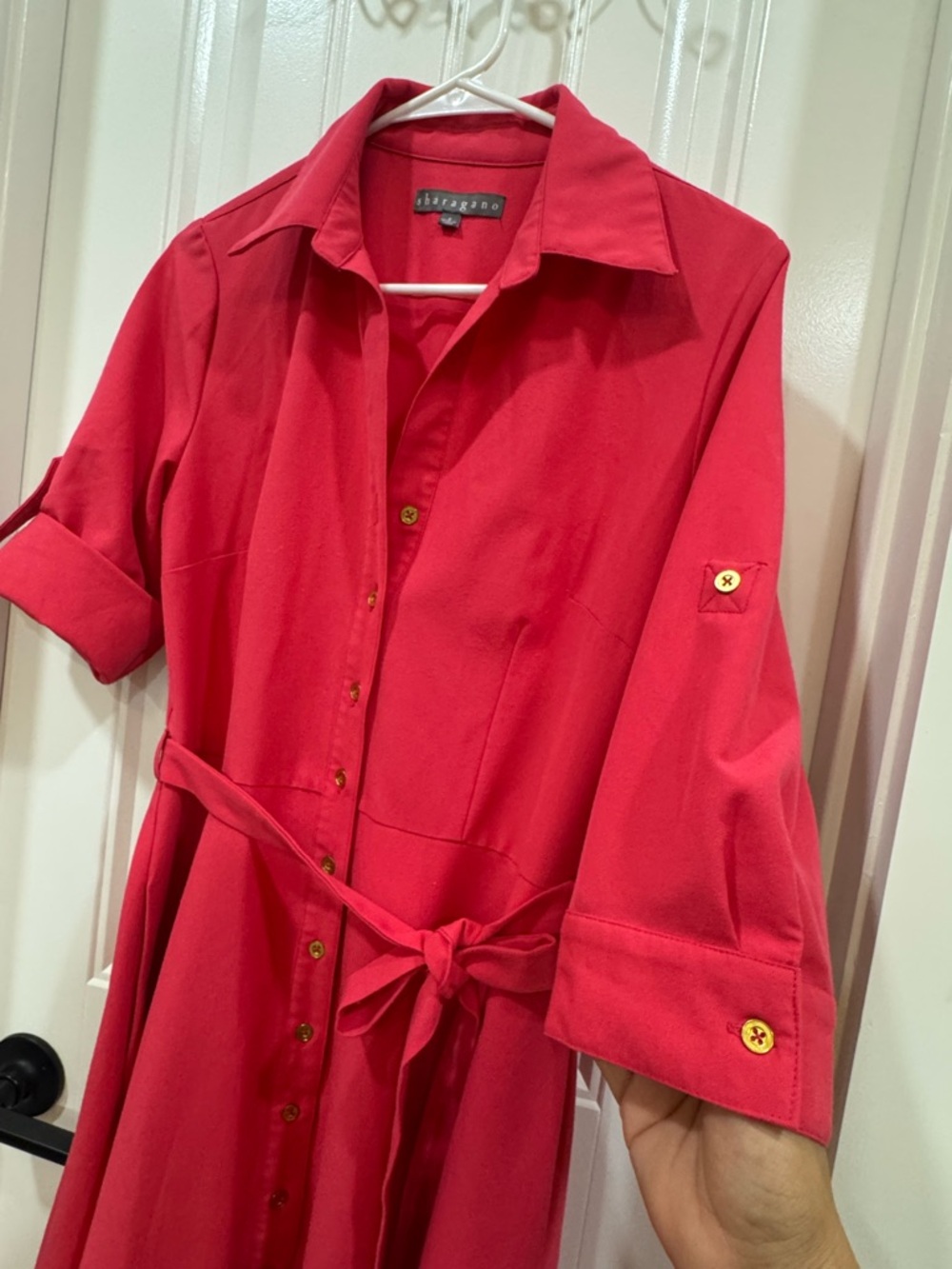 Sharagano Coral Pink Button-Front Tie-Waist Shirt Midi Dress - Picture 5 of 9